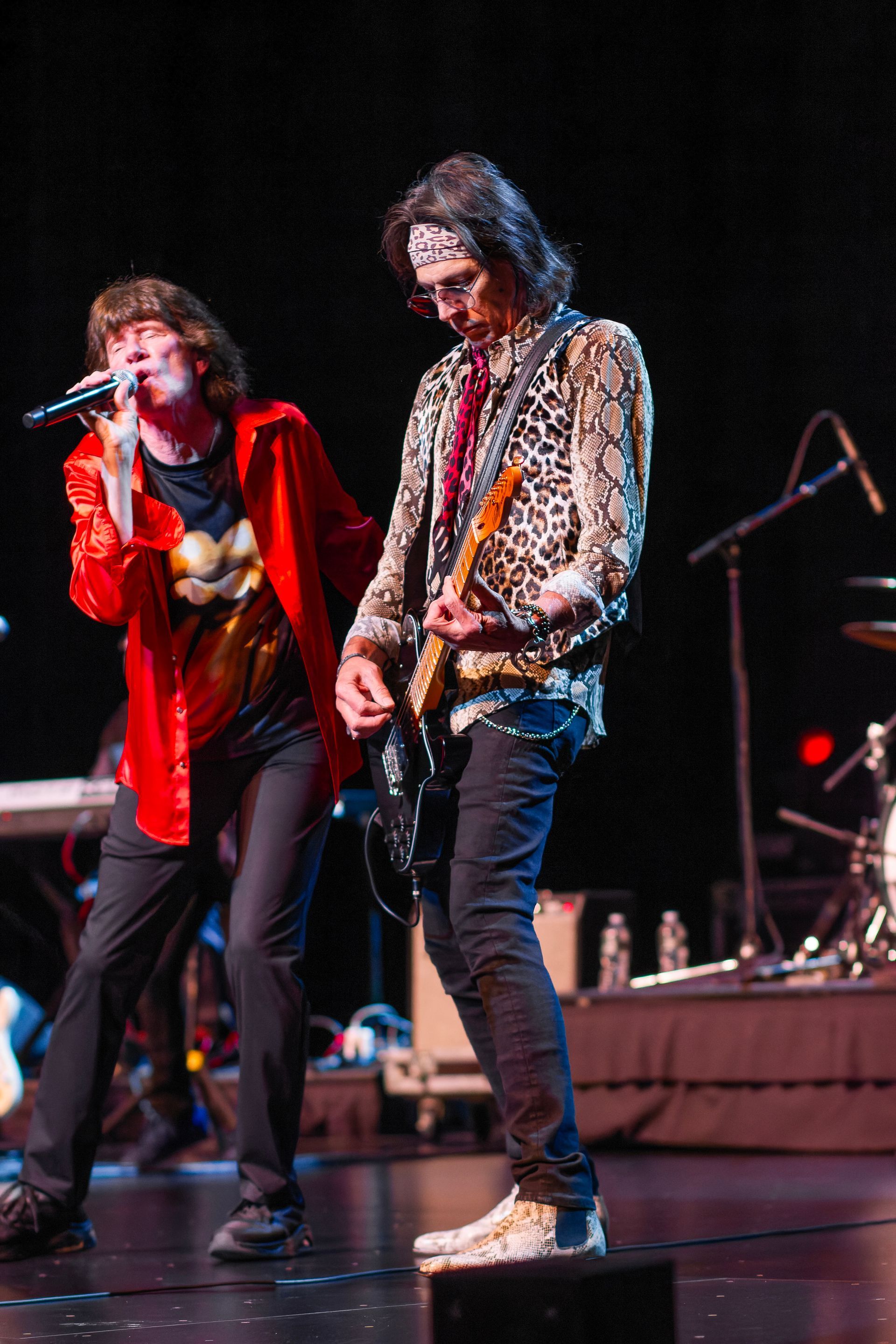 Two musicians performing onstage, one singing into a microphone and one playing guitar, under red lighting.