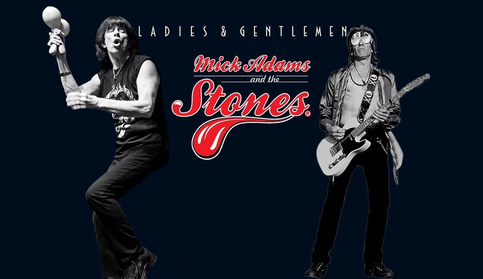 Ladles of the Stones poster with two black-clad rock performers on a dark blue background.