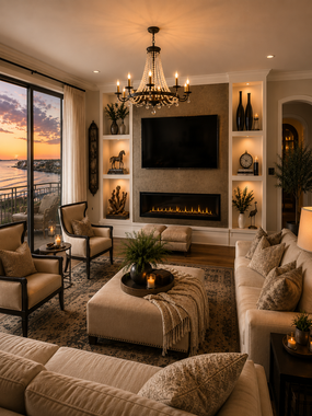 Elegant living room with beige sofas, chandelier, fireplace, wall TV, and sunset view through large windows