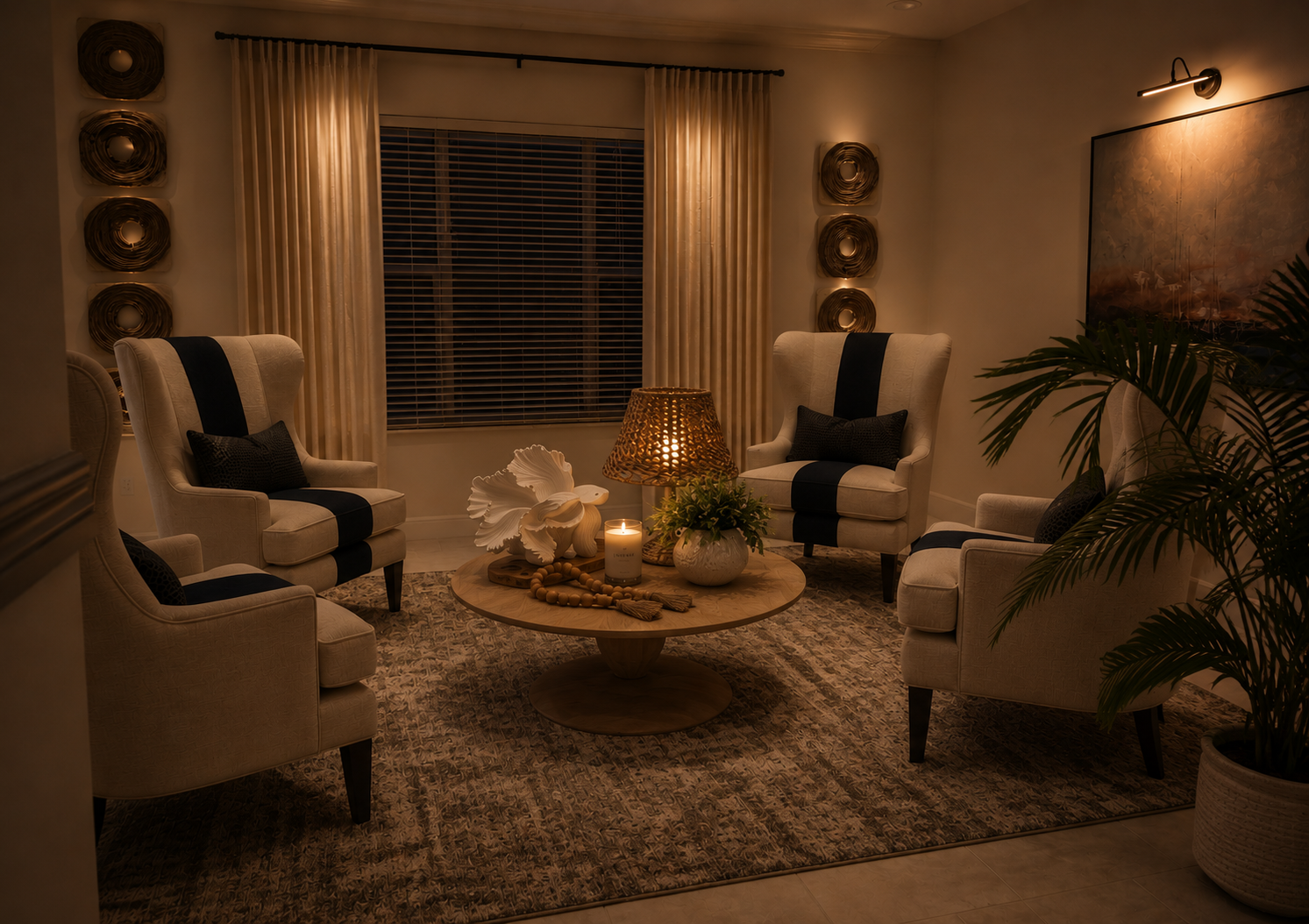 Living room with white furniture, chandelier, ocean view.