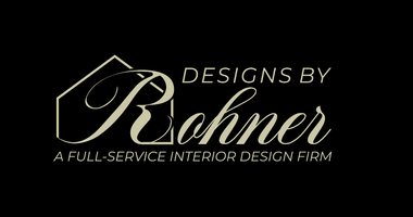 Designs by Rohner logo with pale gold text and house outline, “A full-service interior design firm”