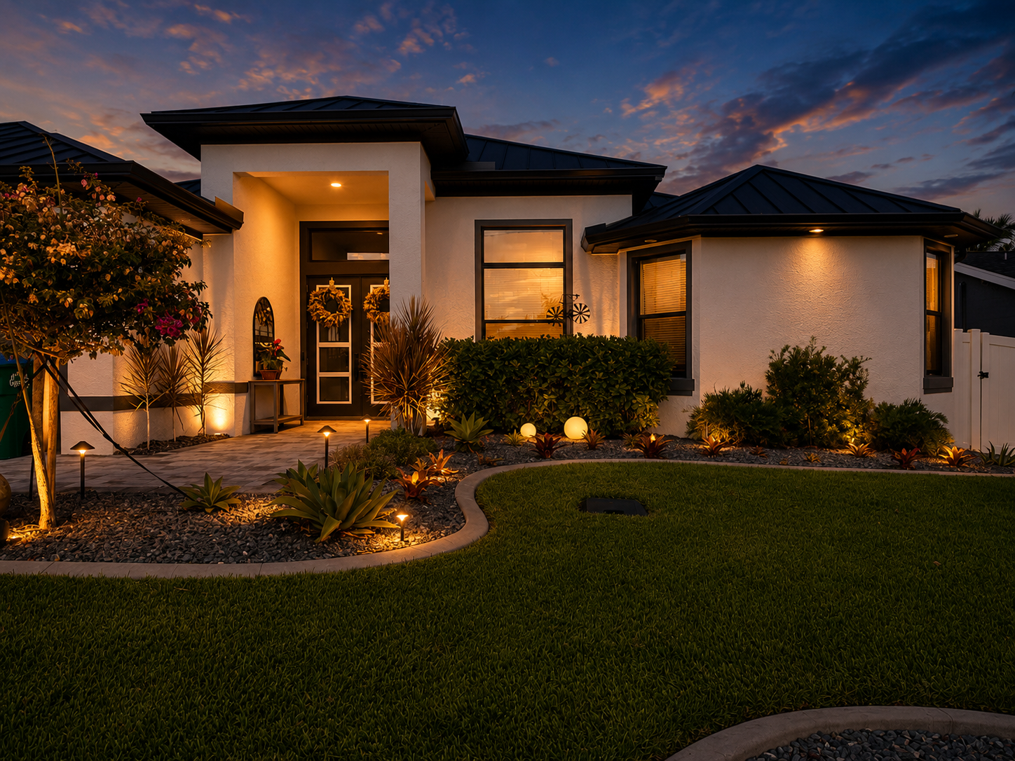 Modern single-story house at dusk with warm porch lights, a lit walkway, and manicured lawn
