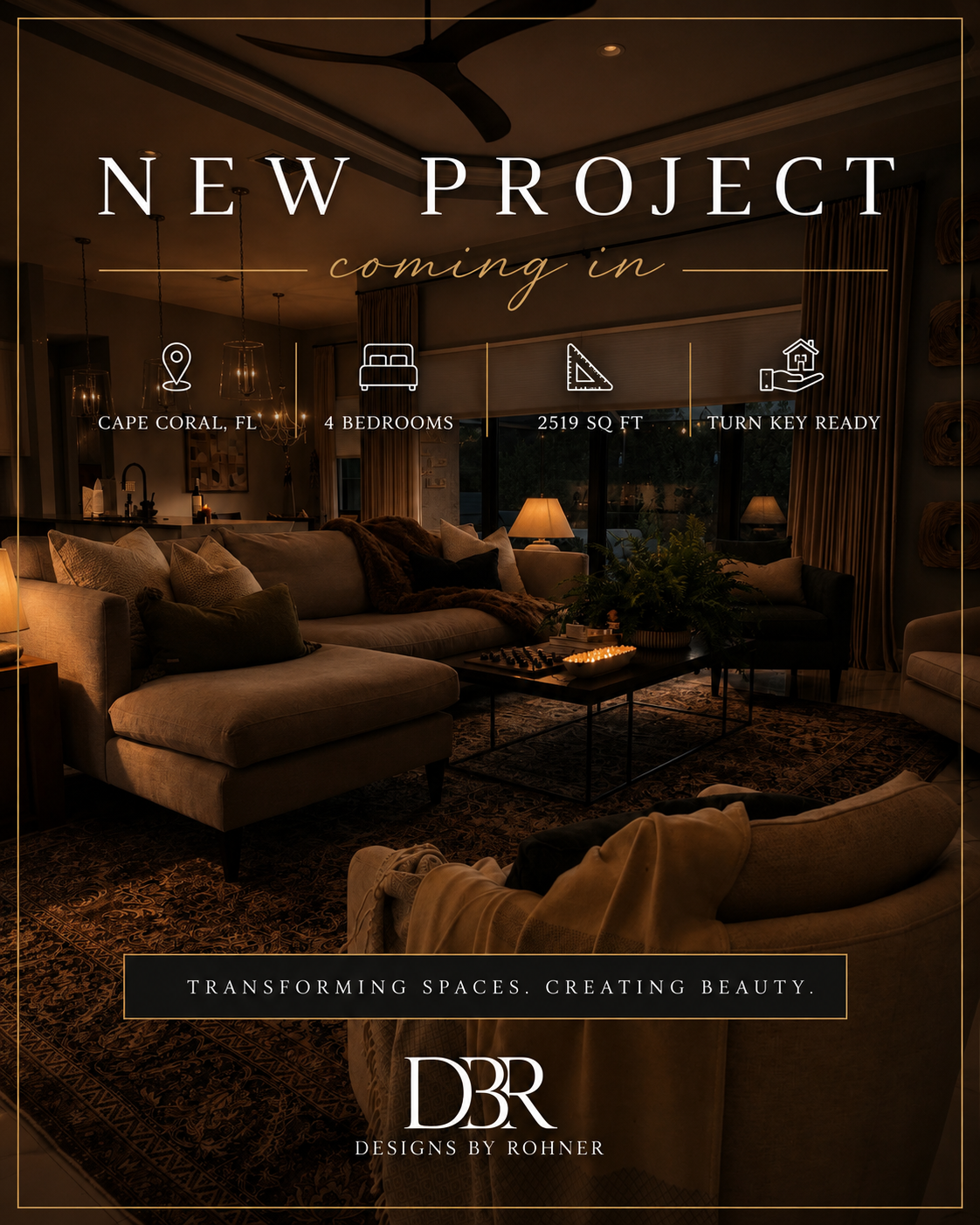 Dark luxury living room promo for a home in Cape Coral, FL