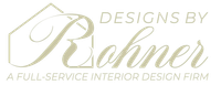 Logo for Designs by Rohner, a full-service interior design firm. Features text and a stylized house shape.