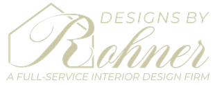 Logo for Designs by Rohner, a full-service interior design firm. Features text and a stylized house shape.