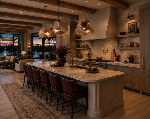 Living room with white sofas, chairs, fireplace, and chandelier.