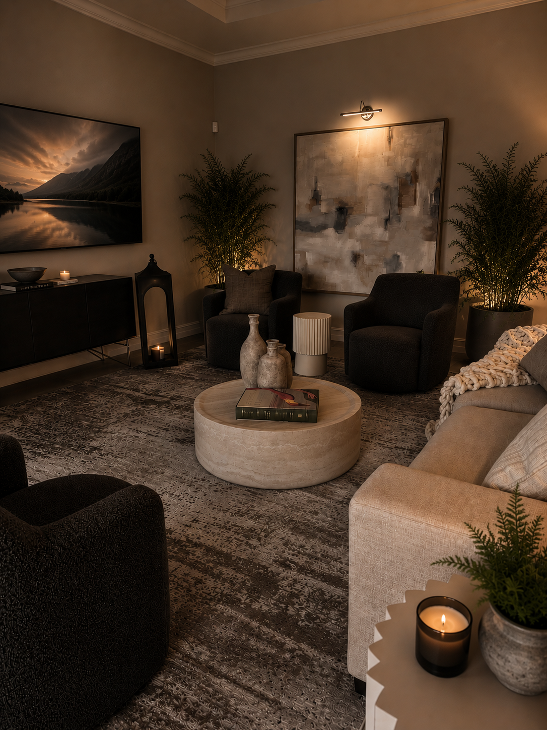 Cozy living room with beige seating, round coffee table, dark accents, and warm lamp lighting.