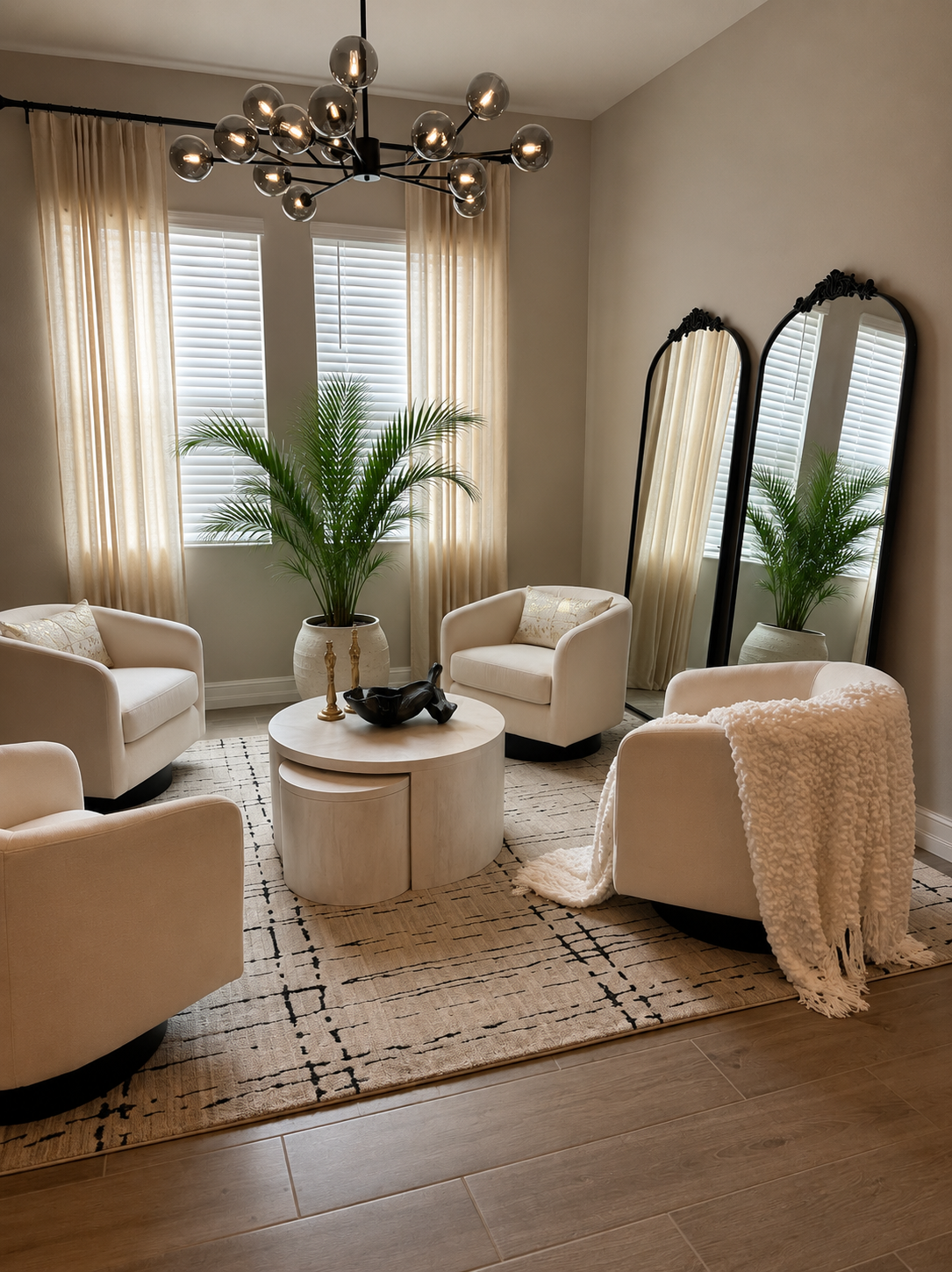 Dining room with square mirror, chandelier, table set for four, and tan chairs.