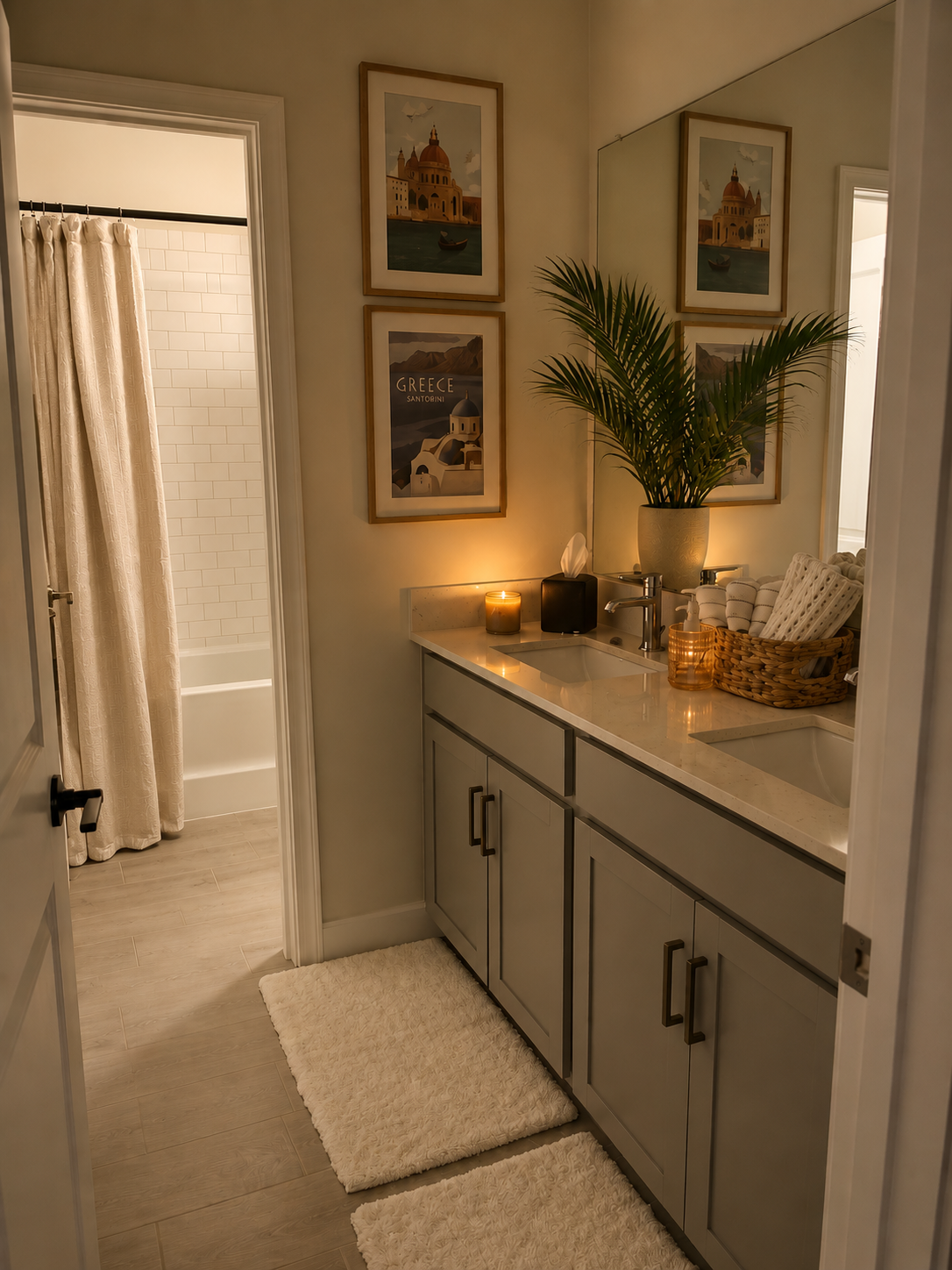 Warm hallway with a white console table, framed art, woven decor, and a lit candle beside a bathroom doorway.
