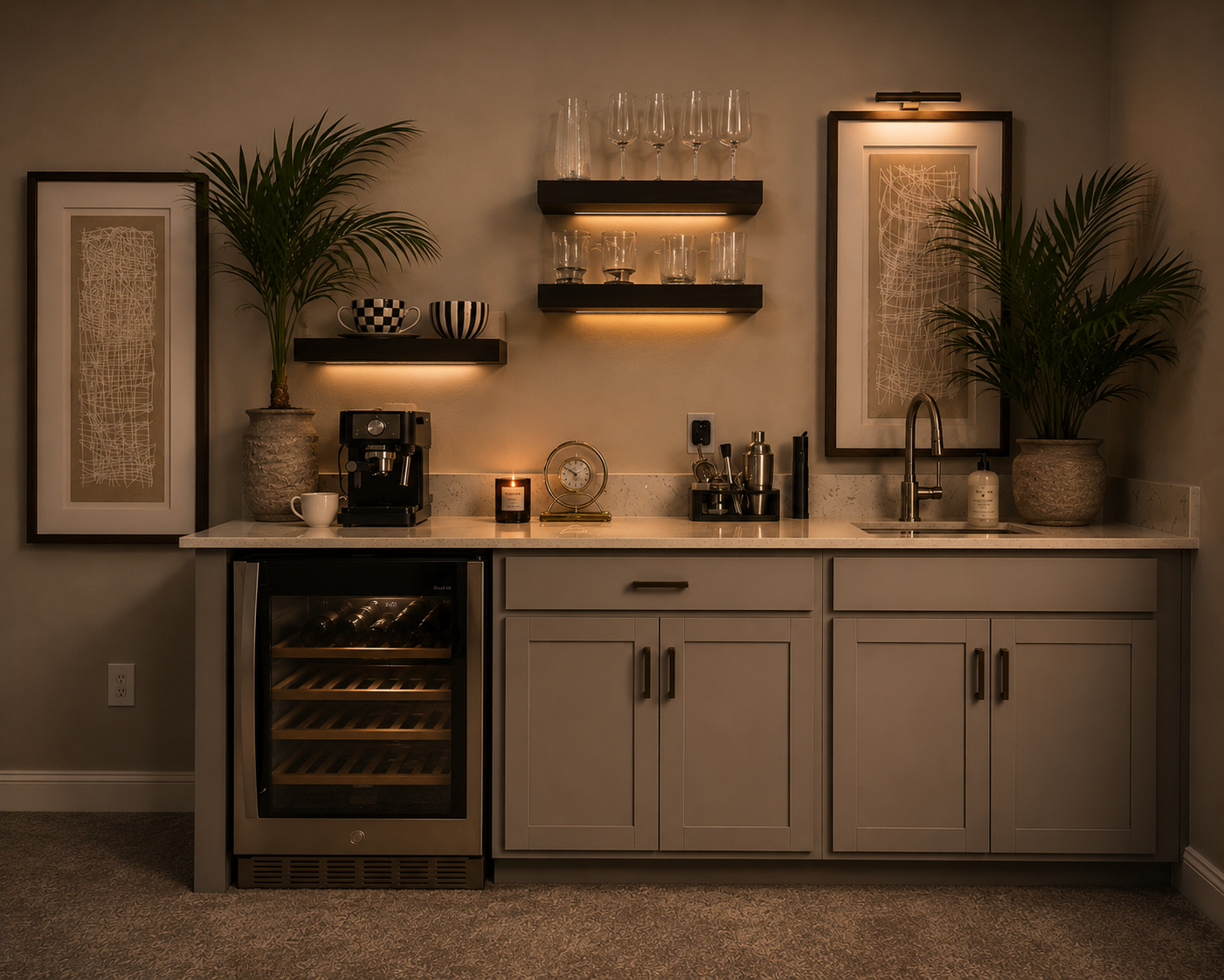 Elegant home bar with shelves, wine fridge, framed art, and potted plants in warm lighting