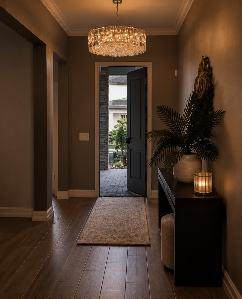 Dim hallway with wood floors, crystal chandelier, runner rug, potted plant, and open door to outdoors.