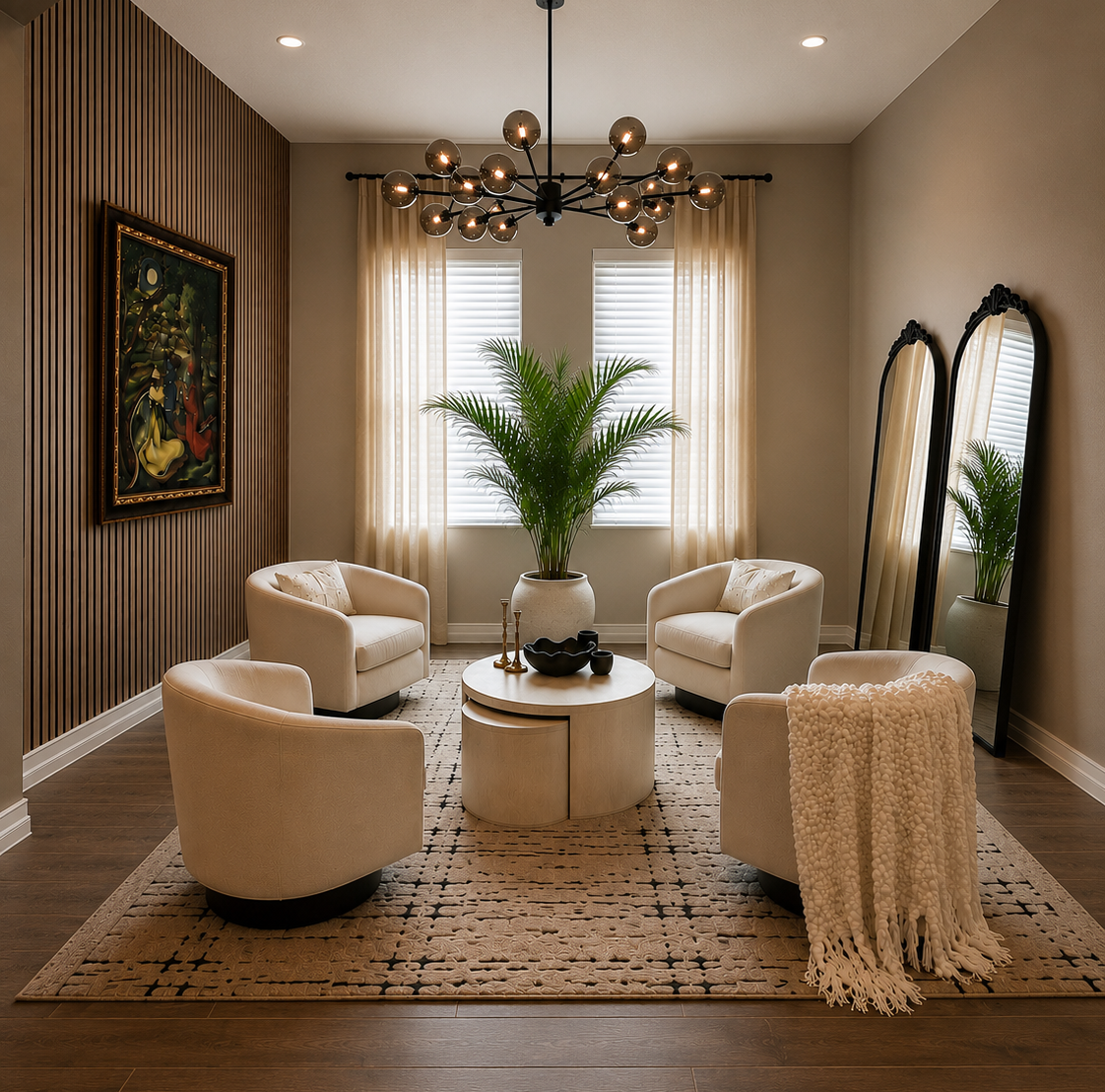 Elegant beige sitting room with cream chairs, round table, palm plant, chandelier, and striped accent wall.