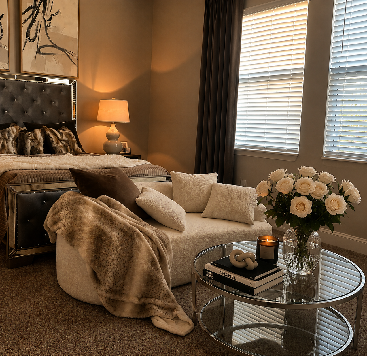 Cozy bedroom with tufted bed, beige chair, glass coffee table, lamp, and flowers by the window.