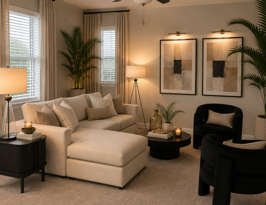 Cozy beige living room with chaise sofa, black accent chairs, lamps, plants, and framed wall art.