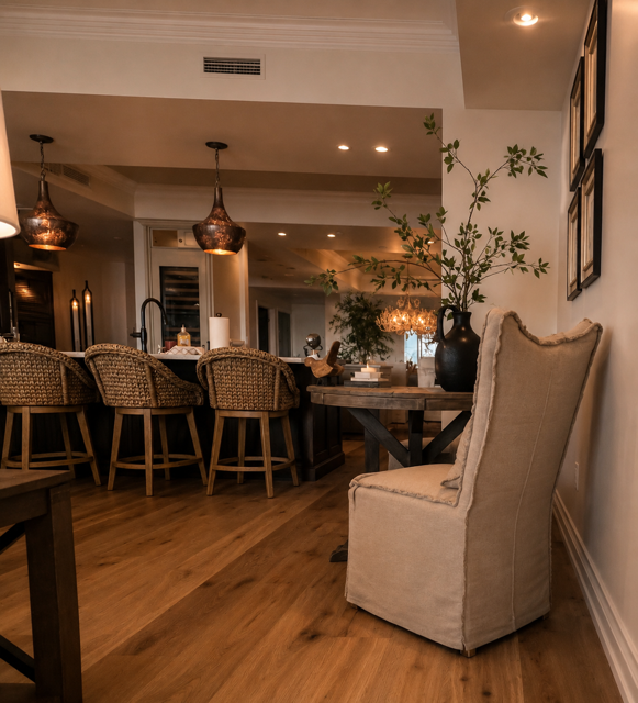 Warm dining room with wicker bar stools, pendant lights, and a beige chair by the wall.