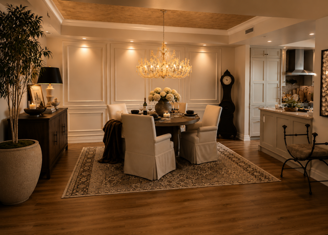 Elegant dining room with chandelier, round table, cream chairs, and warm neutral decor