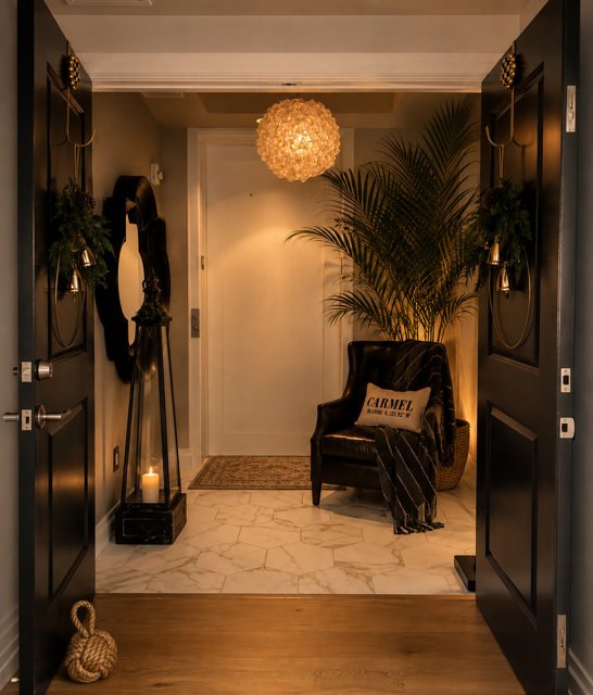 Warm entryway with dark doors, palm plant, leather chair, glowing pendant light, and patterned rug.