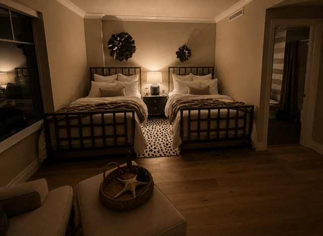 Cozy bedroom with two twin beds, warm lighting, patterned rug, and wooden floors