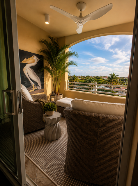 Balcony with woven chairs, potted palm, ceiling fan, and ocean view at sunset