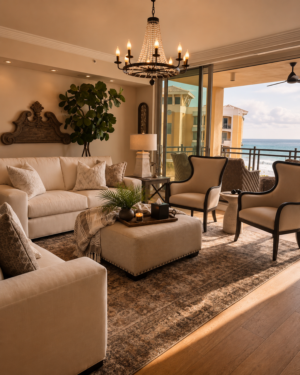 Elegant coastal living room with cream sofas, chandelier, and ocean view through open doors