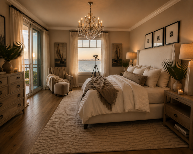 Elegant beige bedroom with a chandelier, large bed, mirrored dresser, and tall windows with curtains