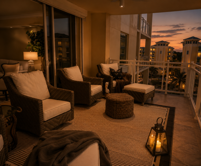 Cozy balcony with wicker seating and lanterns overlooking a city skyline at sunset