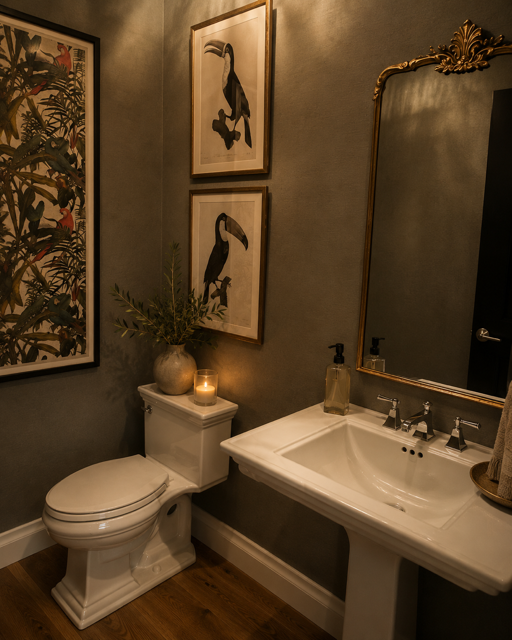 Cozy powder room with white pedestal sink, toilet, ornate gold mirror, and framed bird art