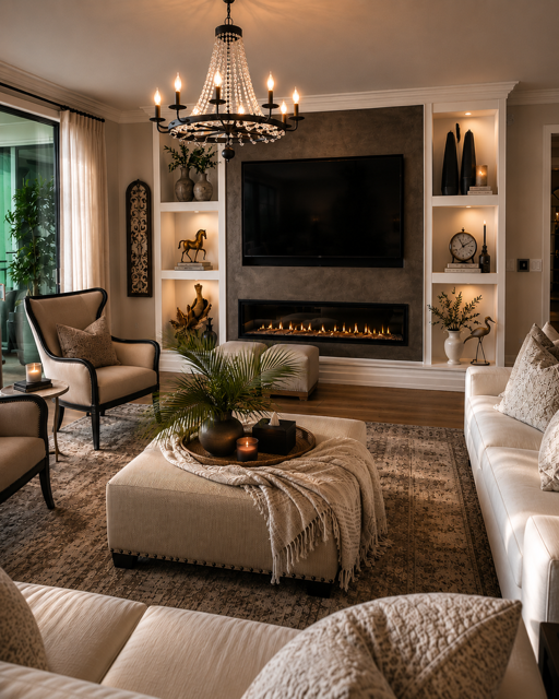 Two beige armchairs in a corner with framed artwork on the white wall.