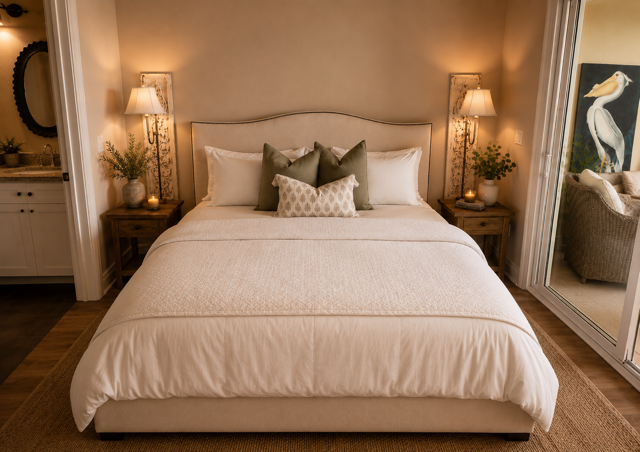 Warm beige bedroom with a neatly made bed, bedside lamps, and a mirrored closet.