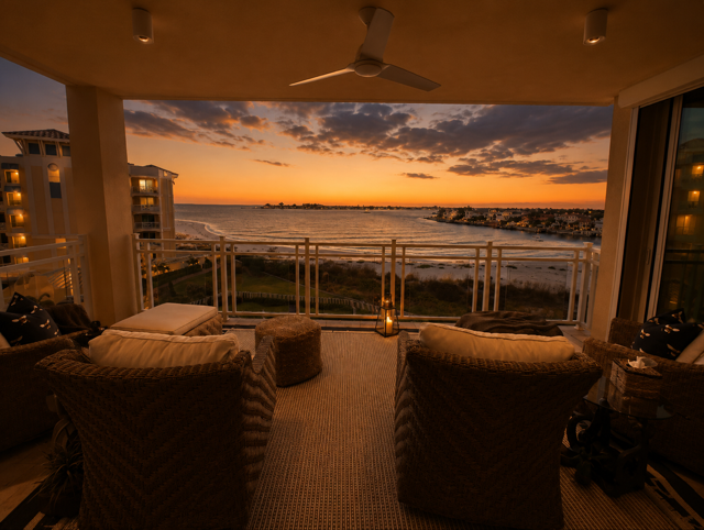 Sunset view from a balcony with wicker chairs overlooking the ocean and beach.
