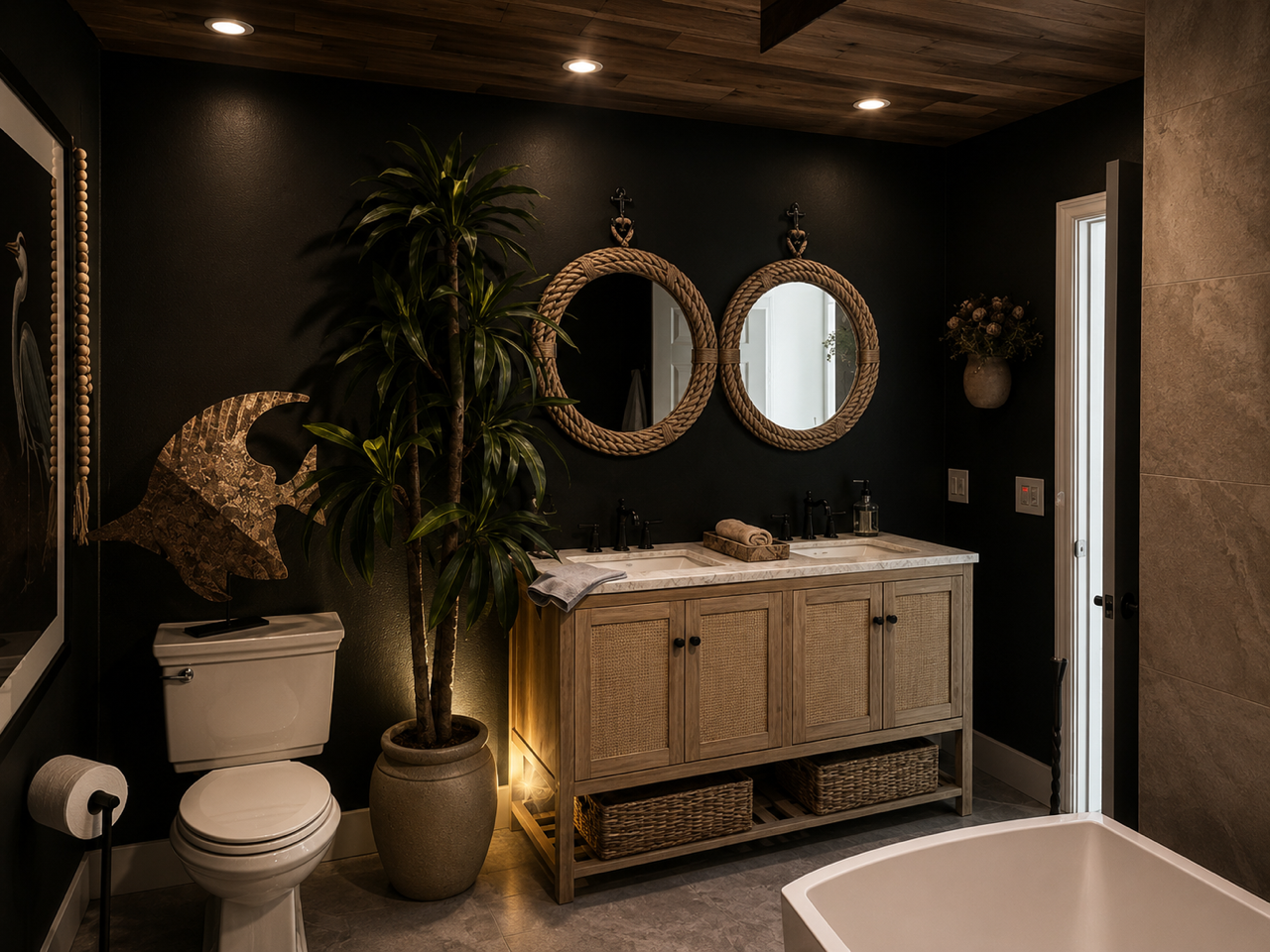 Elegant dark bathroom with wood vanity, round mirrors, toilet, and potted plants