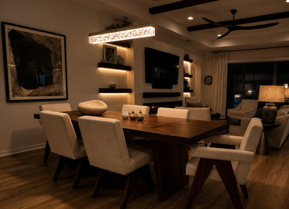 Living room with white sofas, chairs, fireplace, and chandelier.