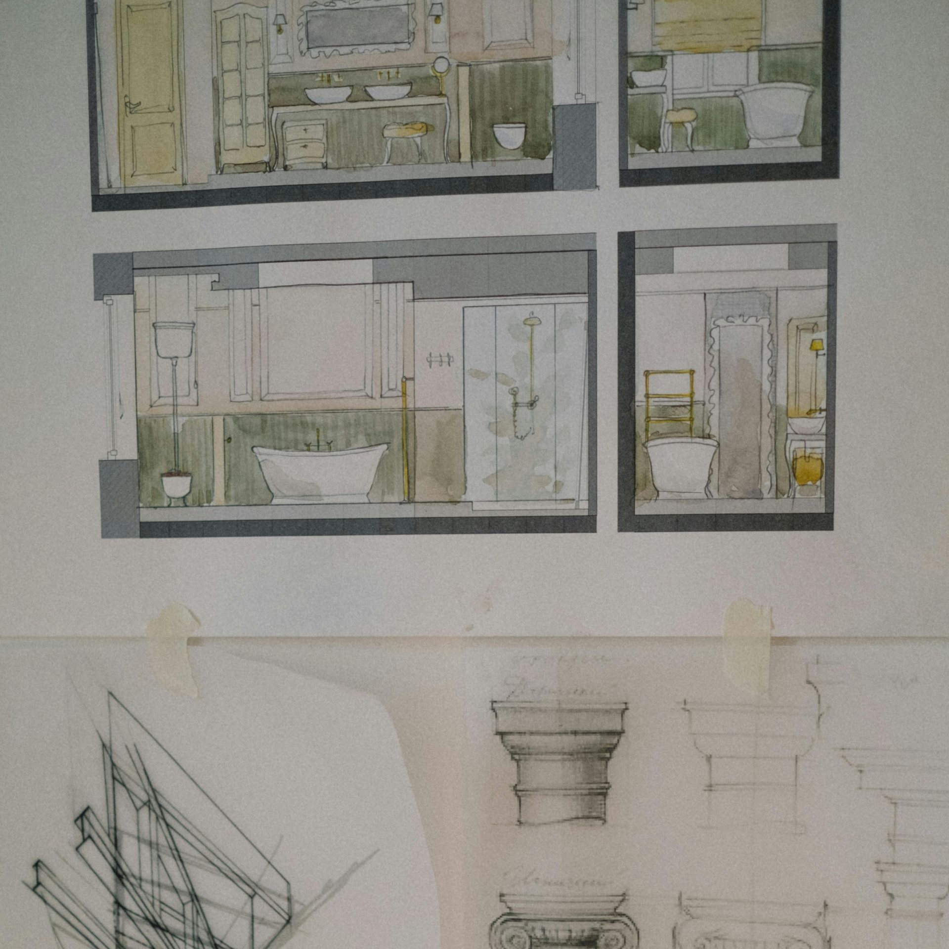 Architectural drawings of bathrooms and details, with sketches of columns and an abstract diagram.