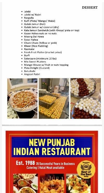 A menu for a restaurant called new punjab indian restaurant