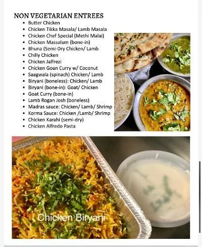 A menu for a restaurant shows a variety of non vegetarian entrees.