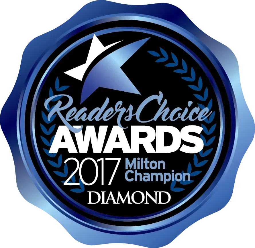 A blue seal that says readers choice awards 2017 milton champion diamond