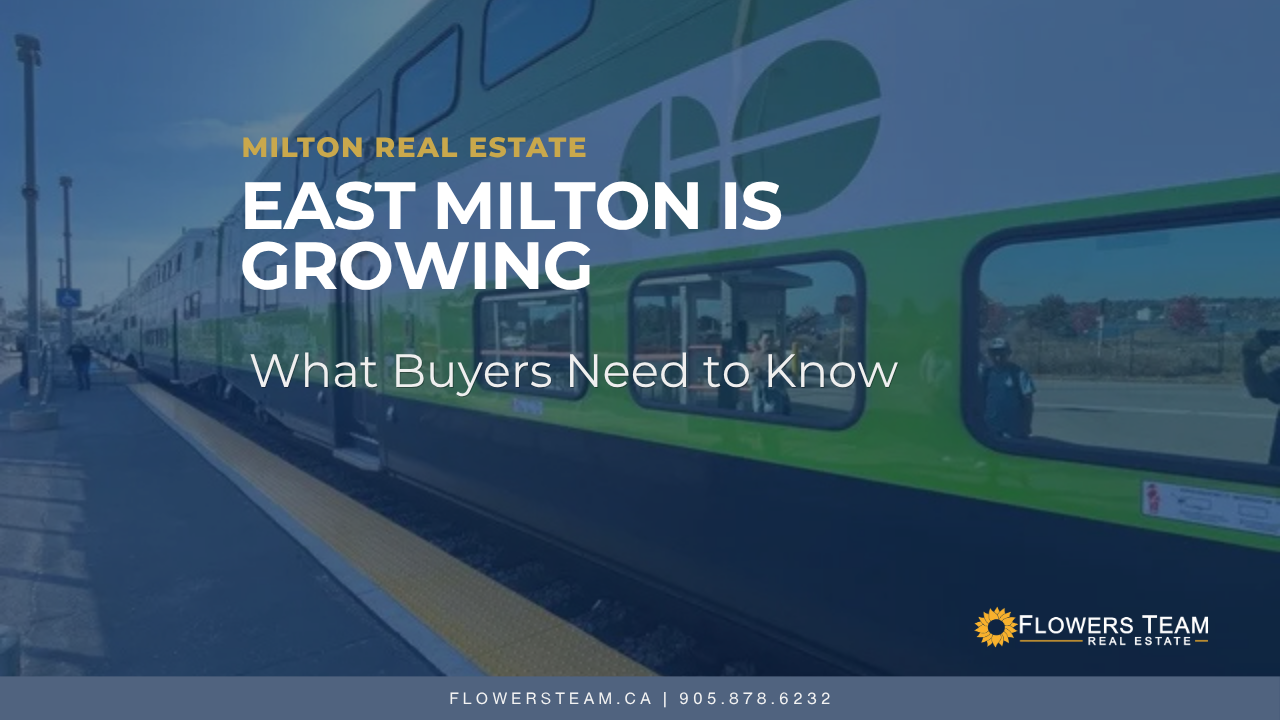 Milton Real Estate graphic: โEast Milton is Growingโ with โWhat Buyers Need to Knowโ over a neighborhood scene