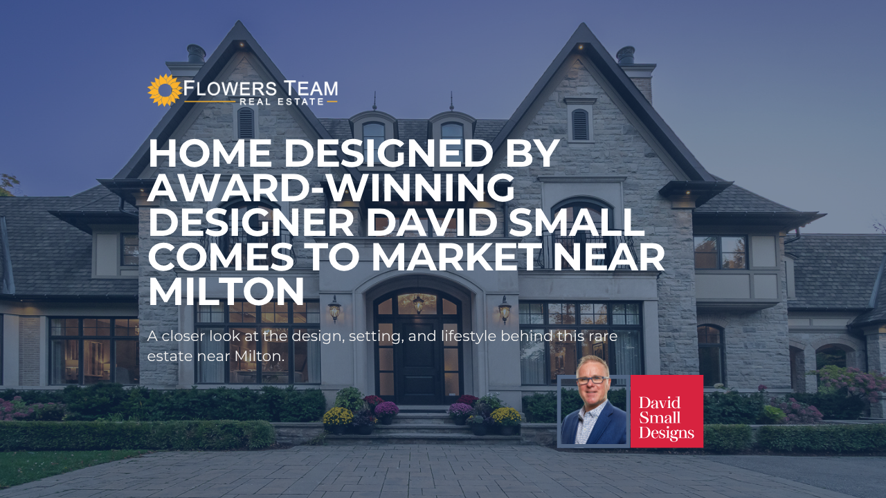 Luxury home exterior with text: “Home designed by award-winning designer David Small comes to market near Milton.”