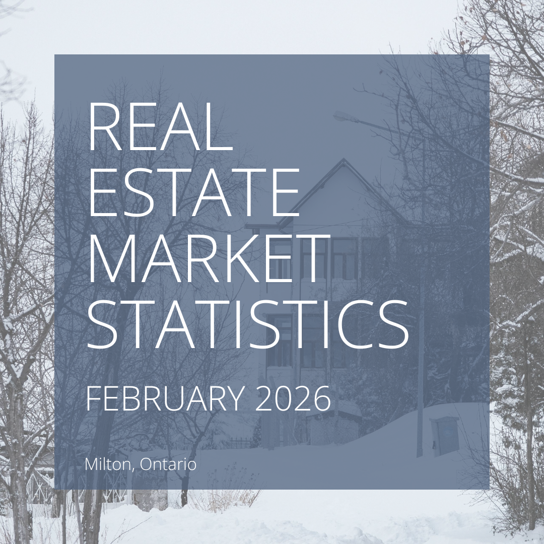 Real Estate Market Statistics: February 2026. A house in a snowy landscape. Blue square overlay with white text.