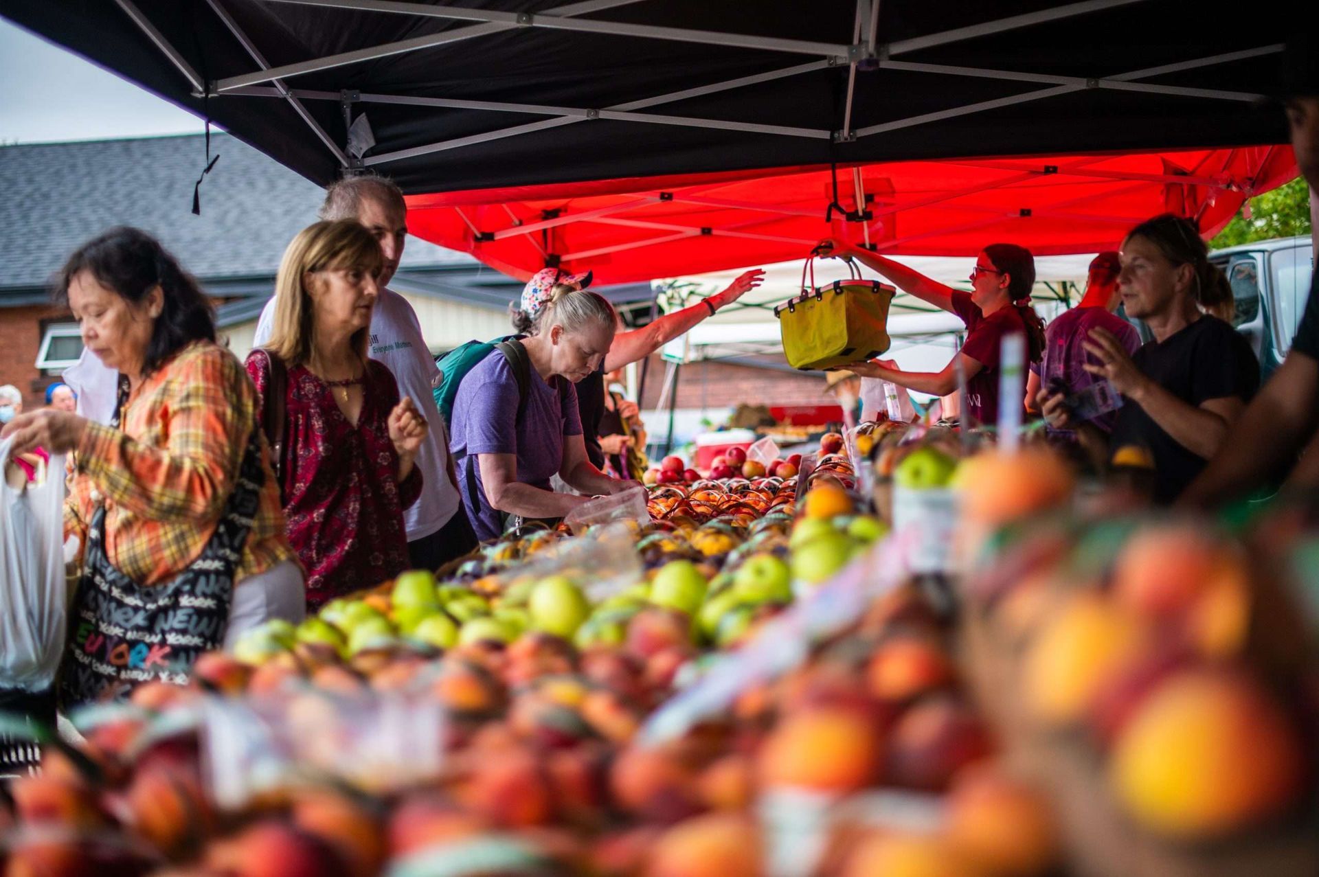 People shopping for produce at an outdoor market with red awning.