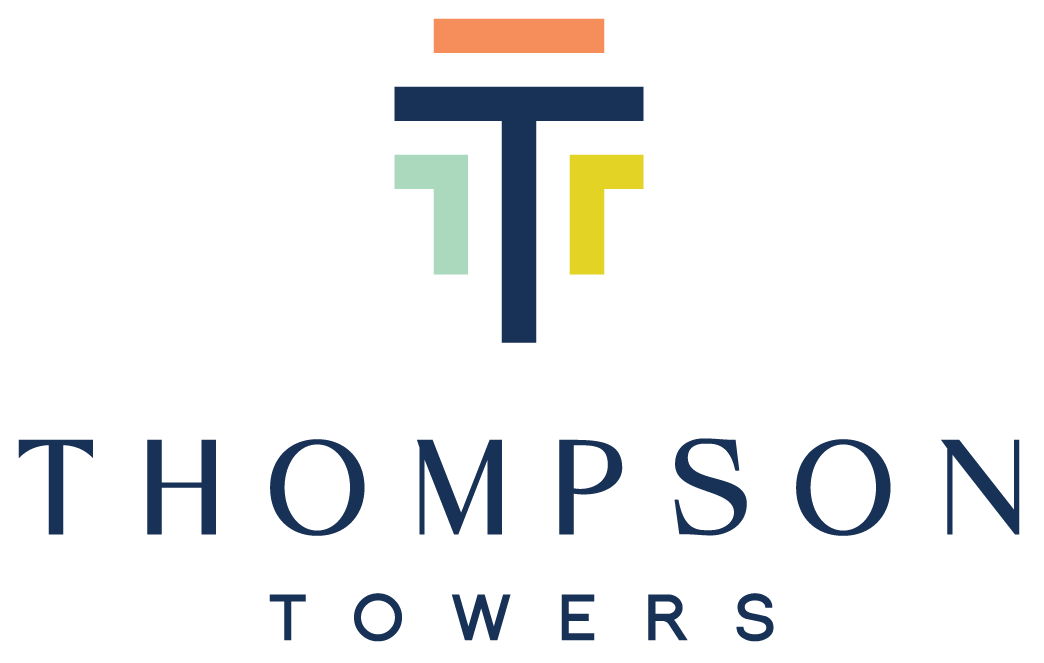 The logo for thompson towers is a colorful logo with a t on it.