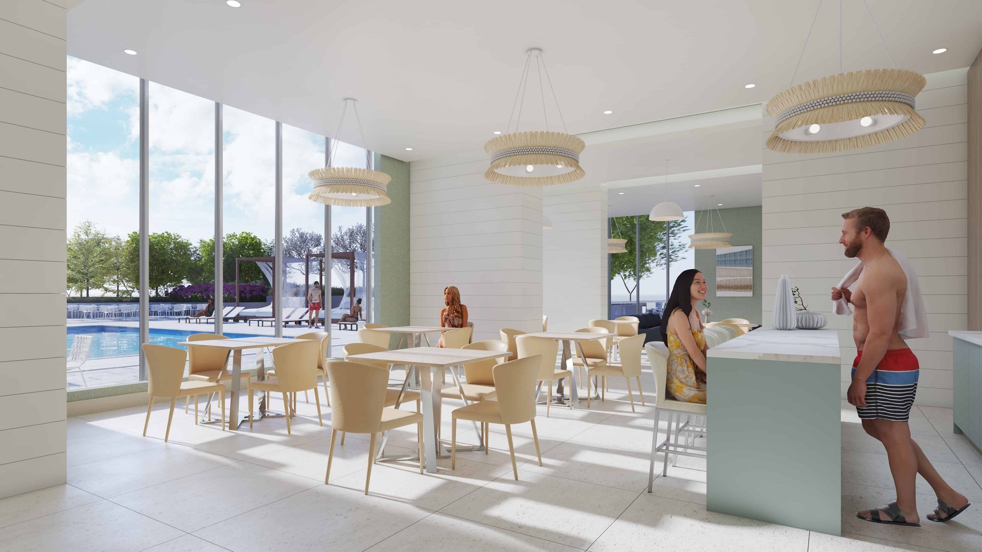A man and a woman are standing in a room with tables and chairs.