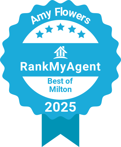 Blue award ribbon logo for RankMyAgent, labeled “Amy Flowers,” “Best of Milton,” and “2025”