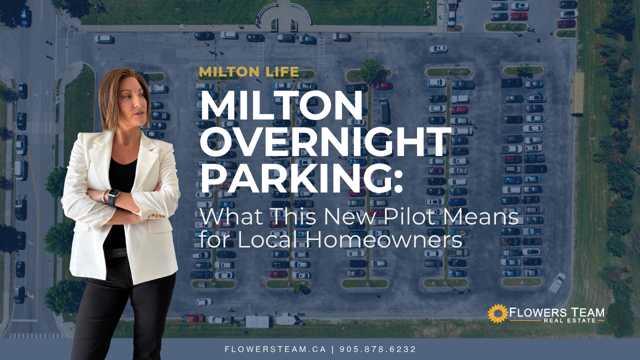 Milton overnight parking announcement with Amy Flowers, blue map background, and city branding te