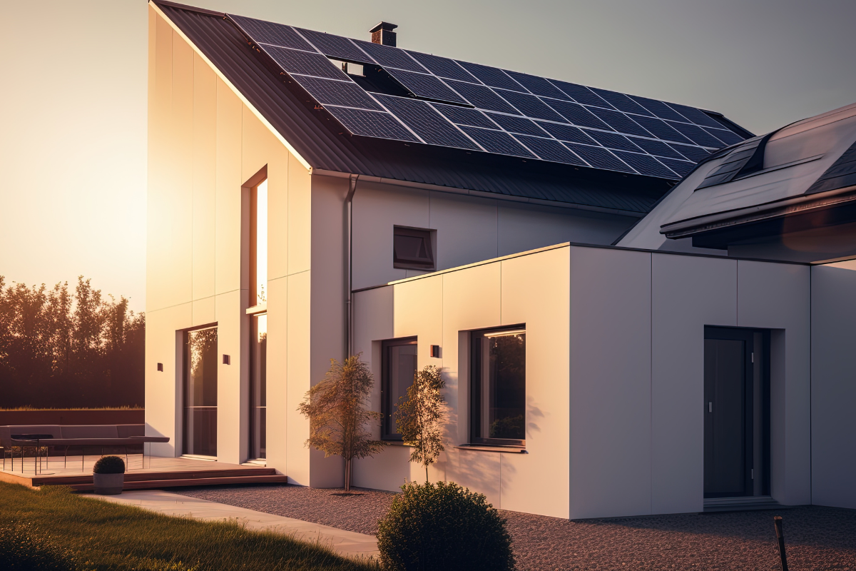 A white house with solar panels on the roof.