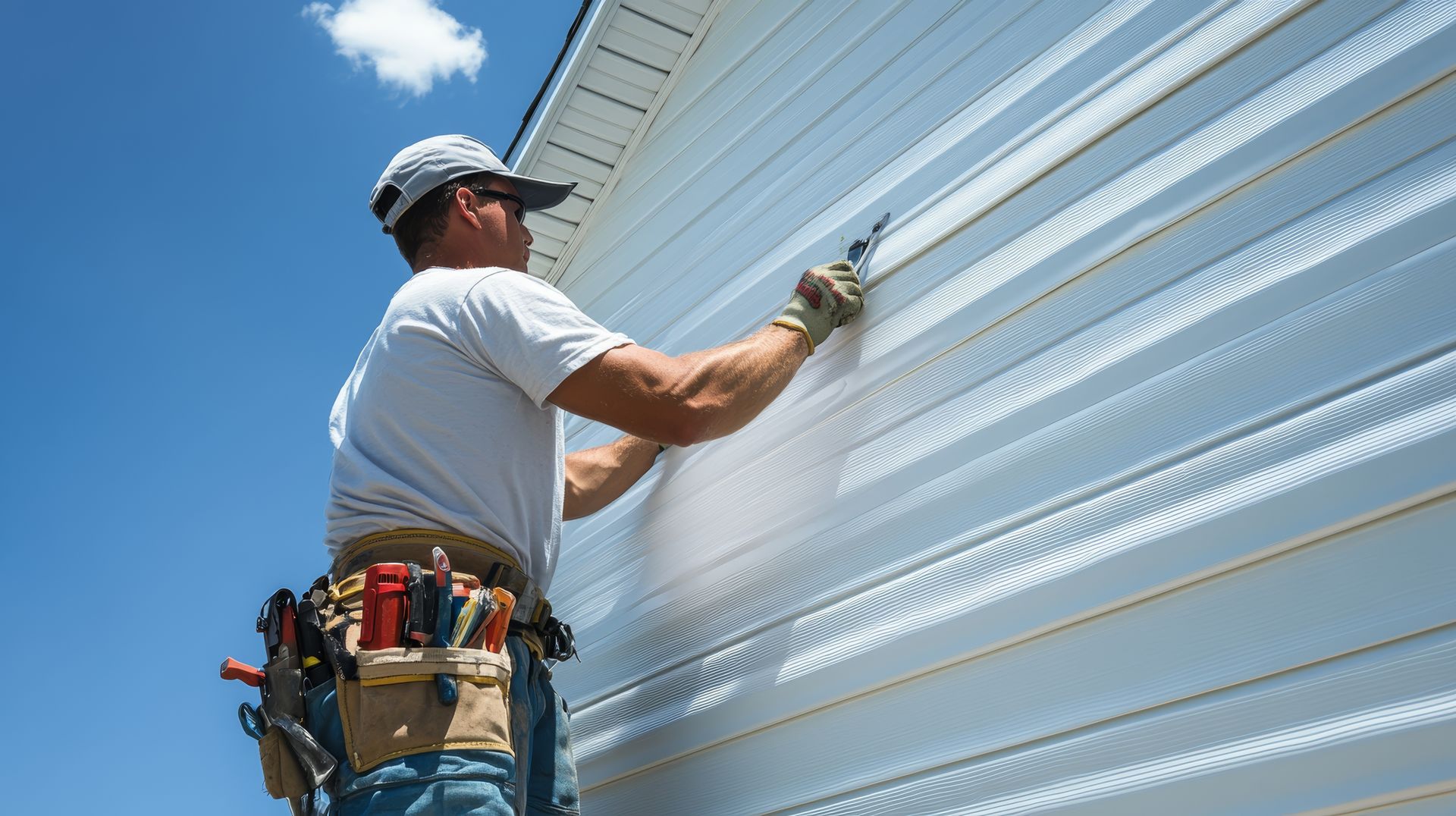 A construction worker installs a piece of fascia on the eaves of a house. A construction worker installs a piece of fascia on the eaves of a house.