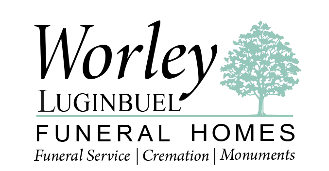 Worley Luginbuel Funeral Homes logo with green tree and services: Funeral Service, Cremation, Monuments