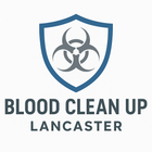 Logo for Blood Clean Up Lancaster, featuring a blue shield with a biohazard symbol inside.