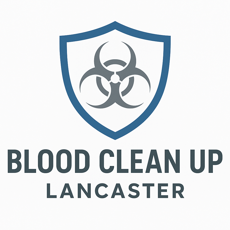 Logo for Blood Clean Up Lancaster, featuring a blue shield with a biohazard symbol inside.