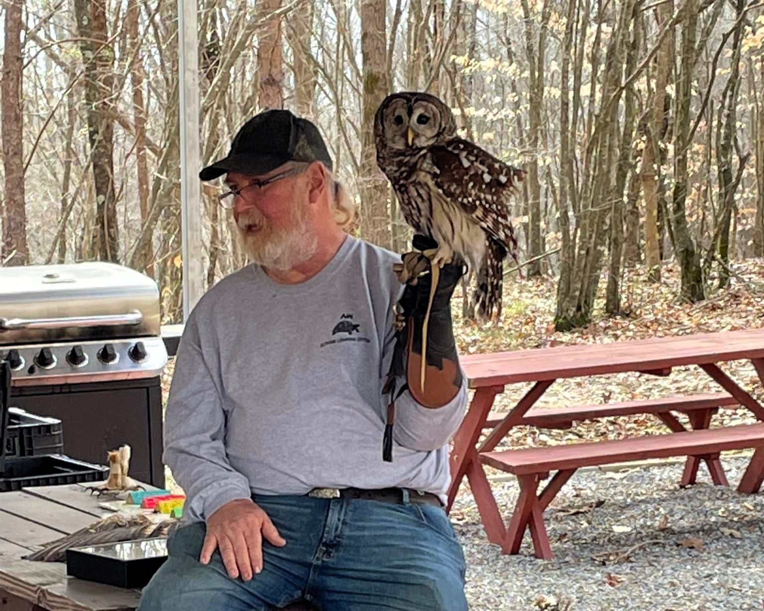 A man is holding an owl on his arm while sitting at a picnic table.